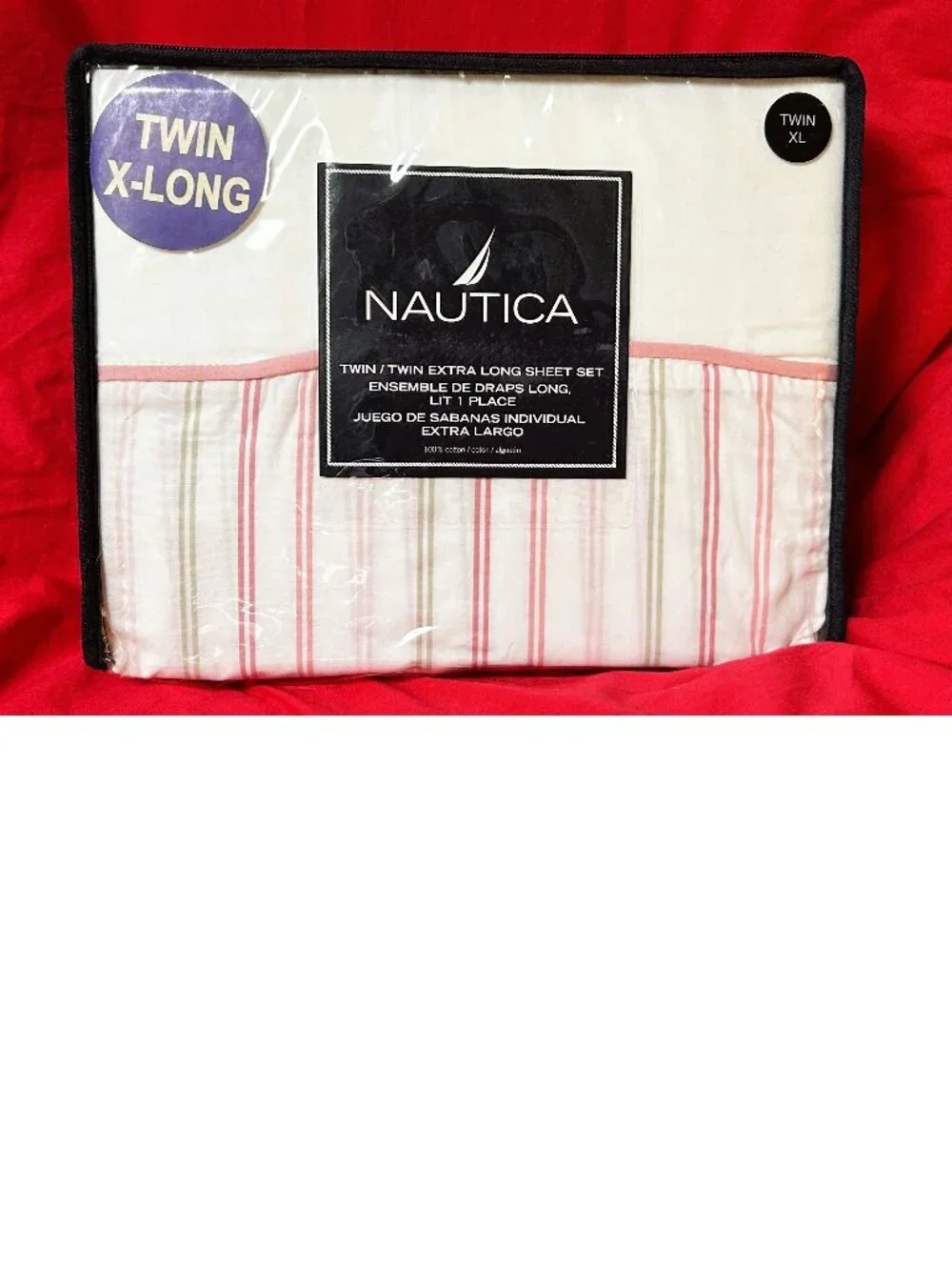 TWIN XL COTTON Duvet Cover Sham Deep Fitted Sheet set~Nautica pink/white stripe